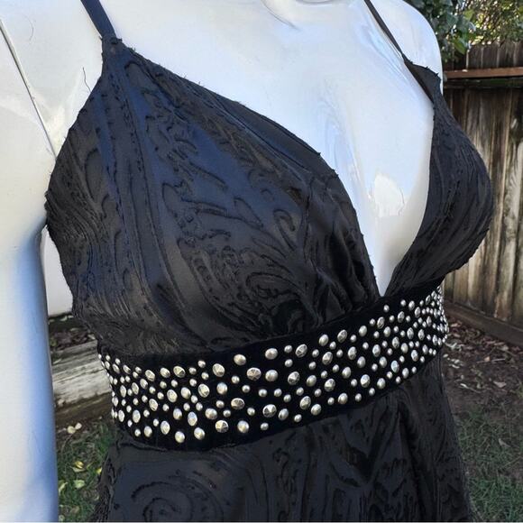 VTG Bebe Black Embroidered Studded Cross Back Hi Lo Dress Women's XS - Picture 11 of 16